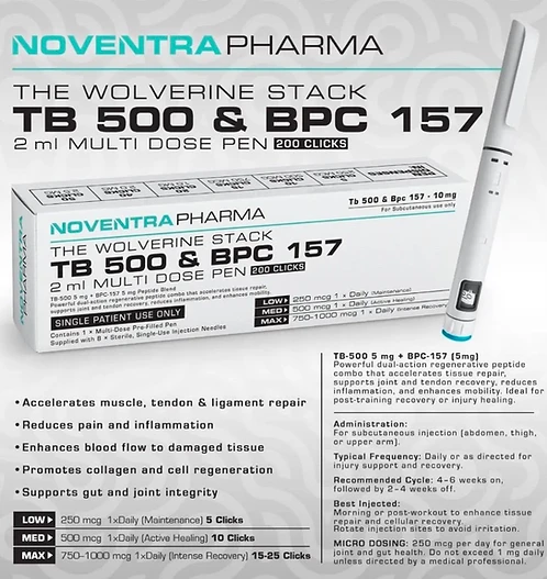 Noventra Pharma Wolverine Stack TB500+BPC157 10mg Pen Stack Pen packaging